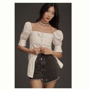 Anthropologie Square Neck Puff Sleeve Button Blouse